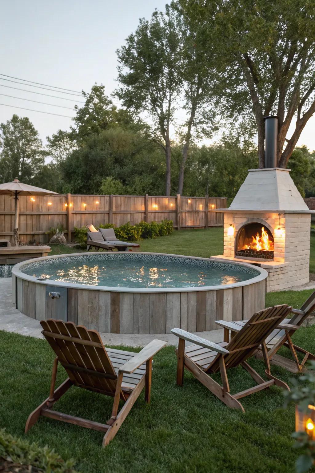 An outdoor fireplace paired with this above-ground pool creates a perfect spot for cozy evenings.