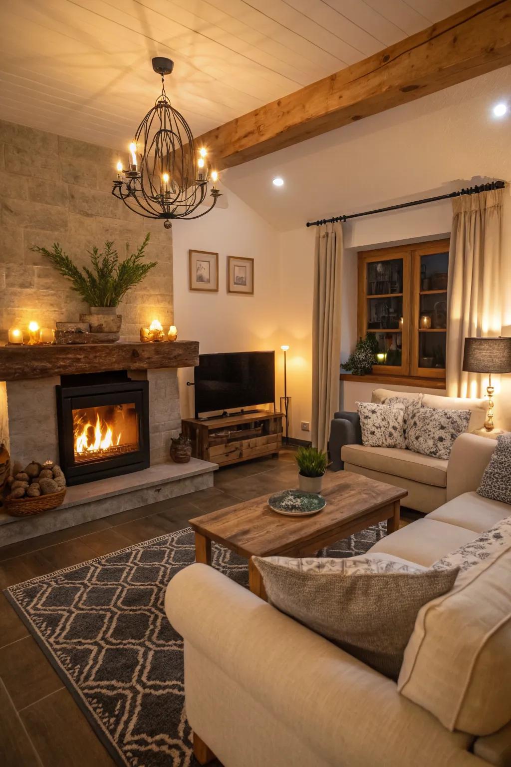 Cozy atmosphere with warm lighting around a modern fireplace.