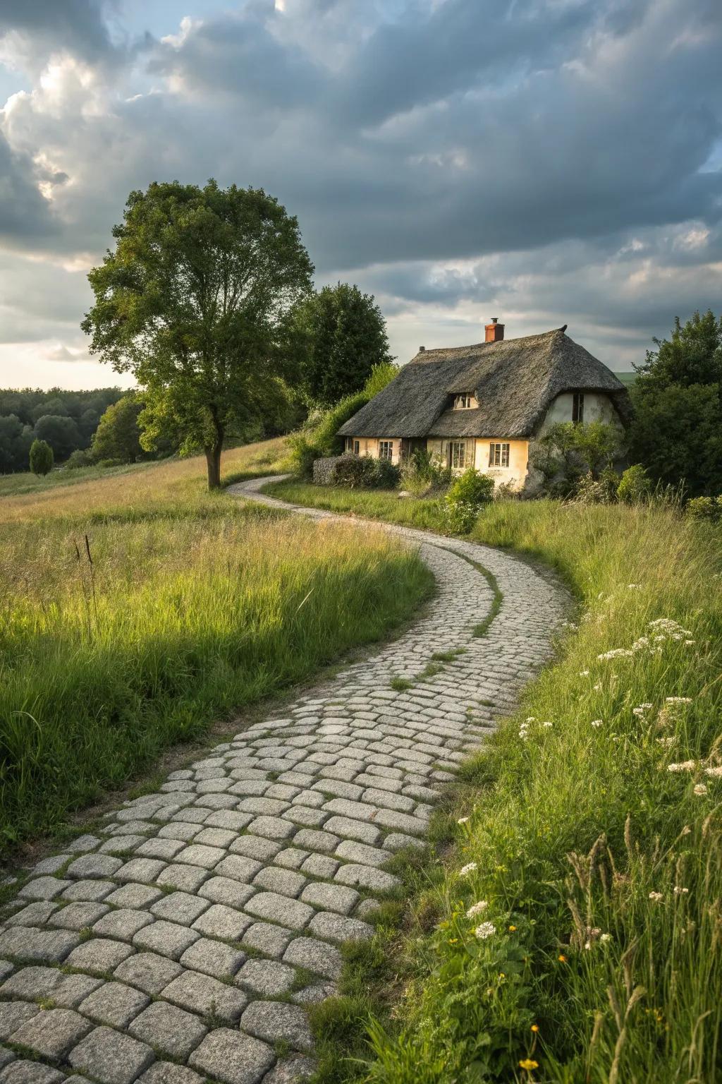 A staggered layout gives this cobblestone driveway a timeless appeal.