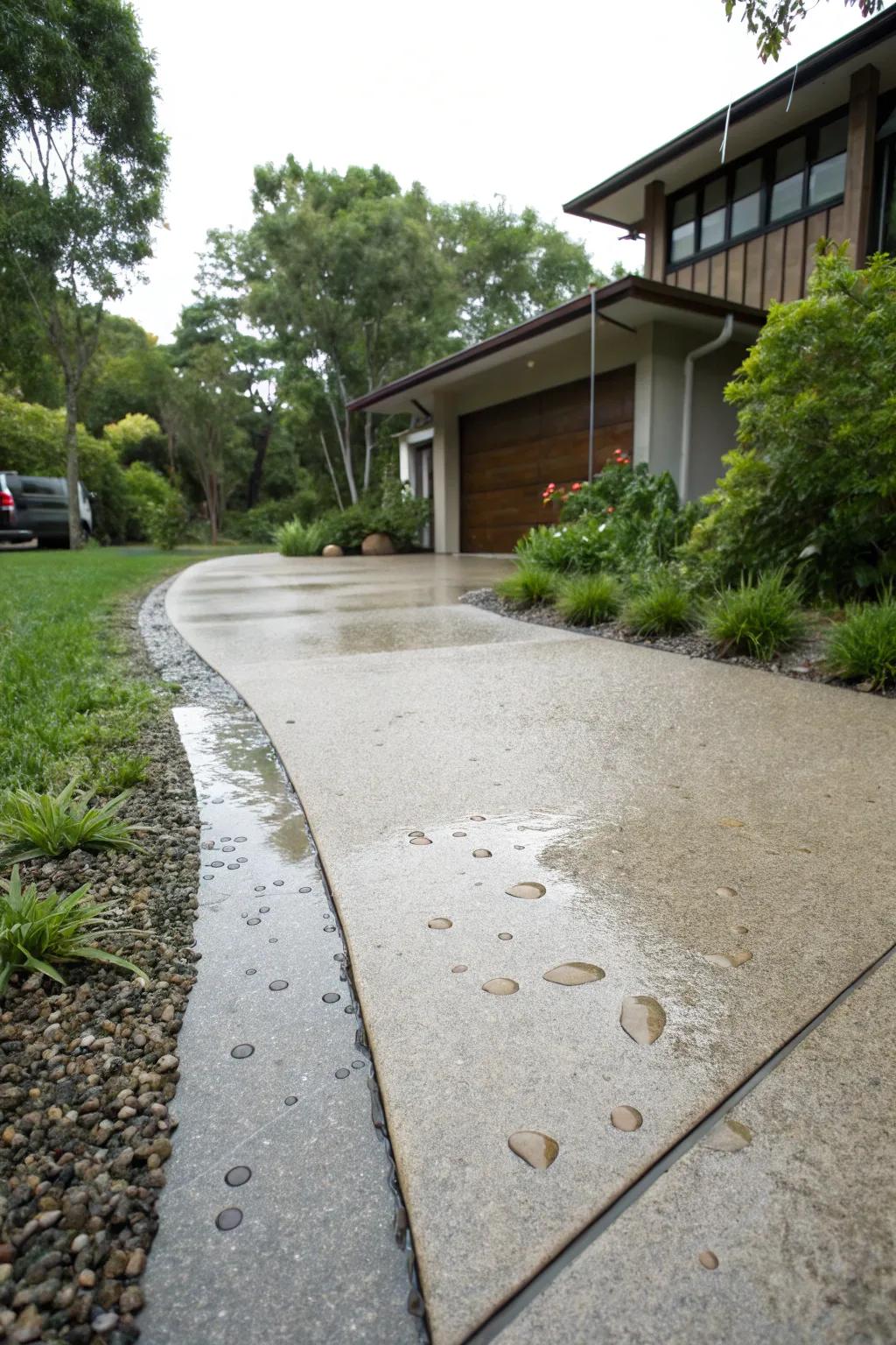 A driveway employing permeable concrete for sustainable style.