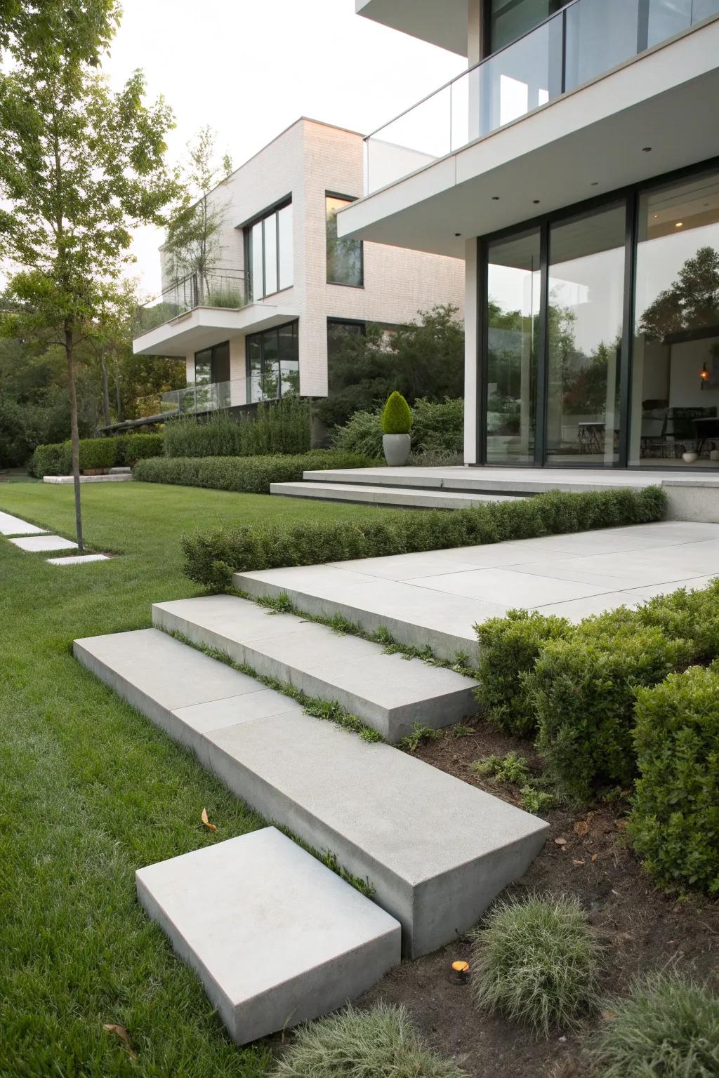 Floating concrete steps offer a modern and airy feel.