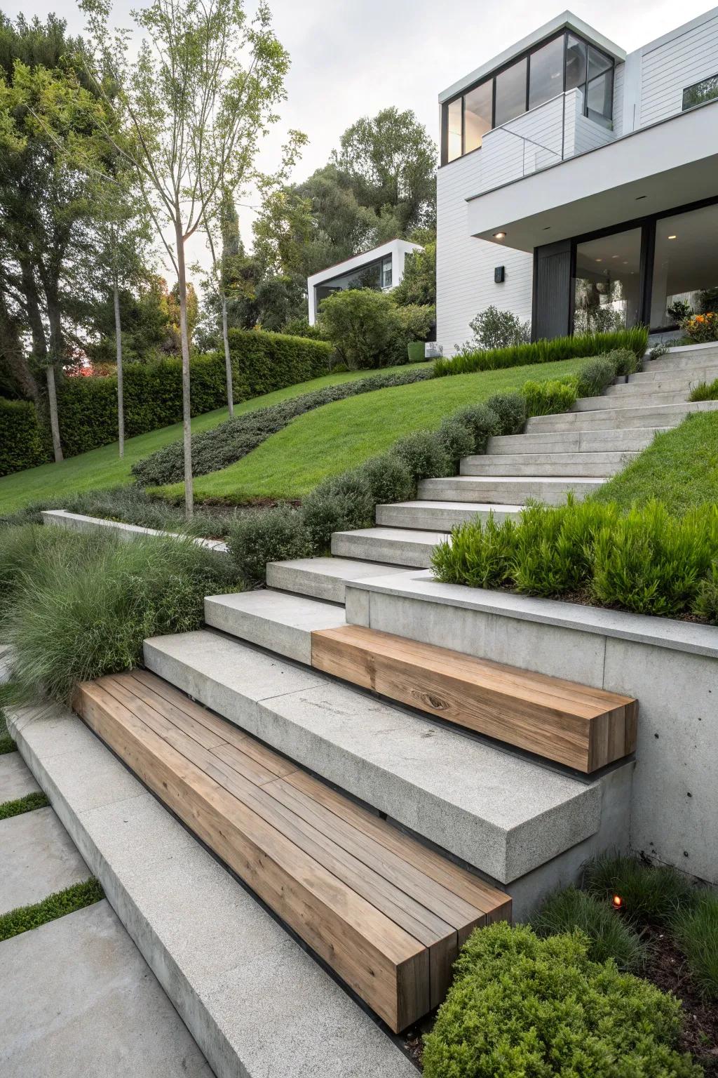 Concrete steps with a finish that resembles wood.