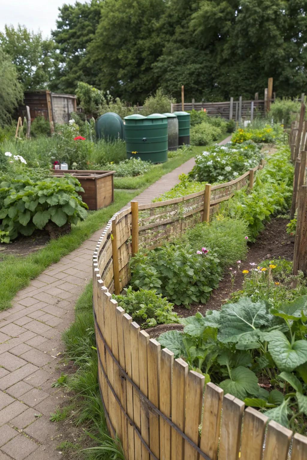 A sustainable curved fence, showcasing eco-friendly materials in a garden committed to green practices.