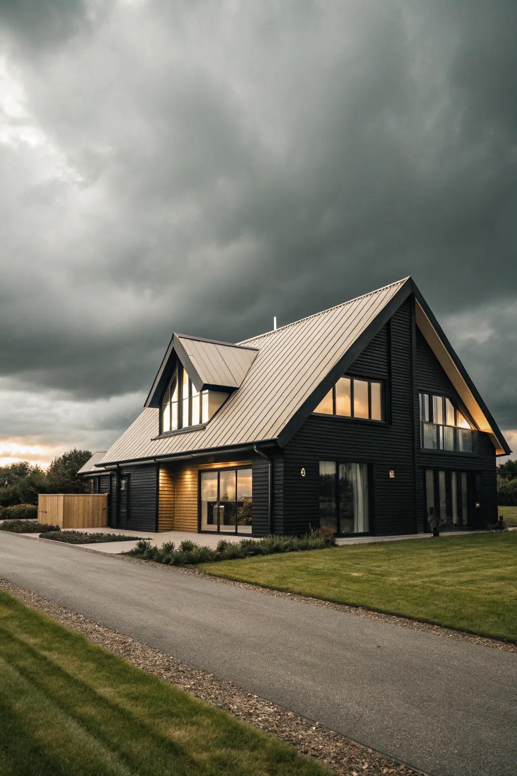A dark house exterior with a strikingly colored roof.