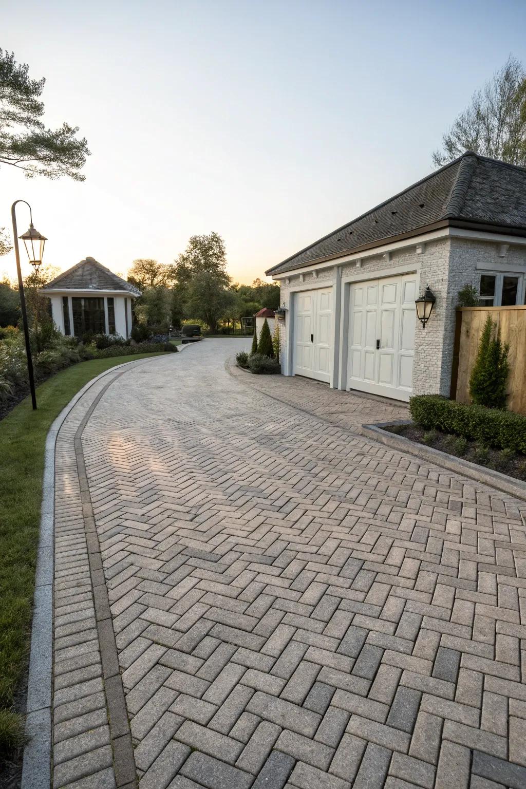 A driveway with timeless herringbone patterns.