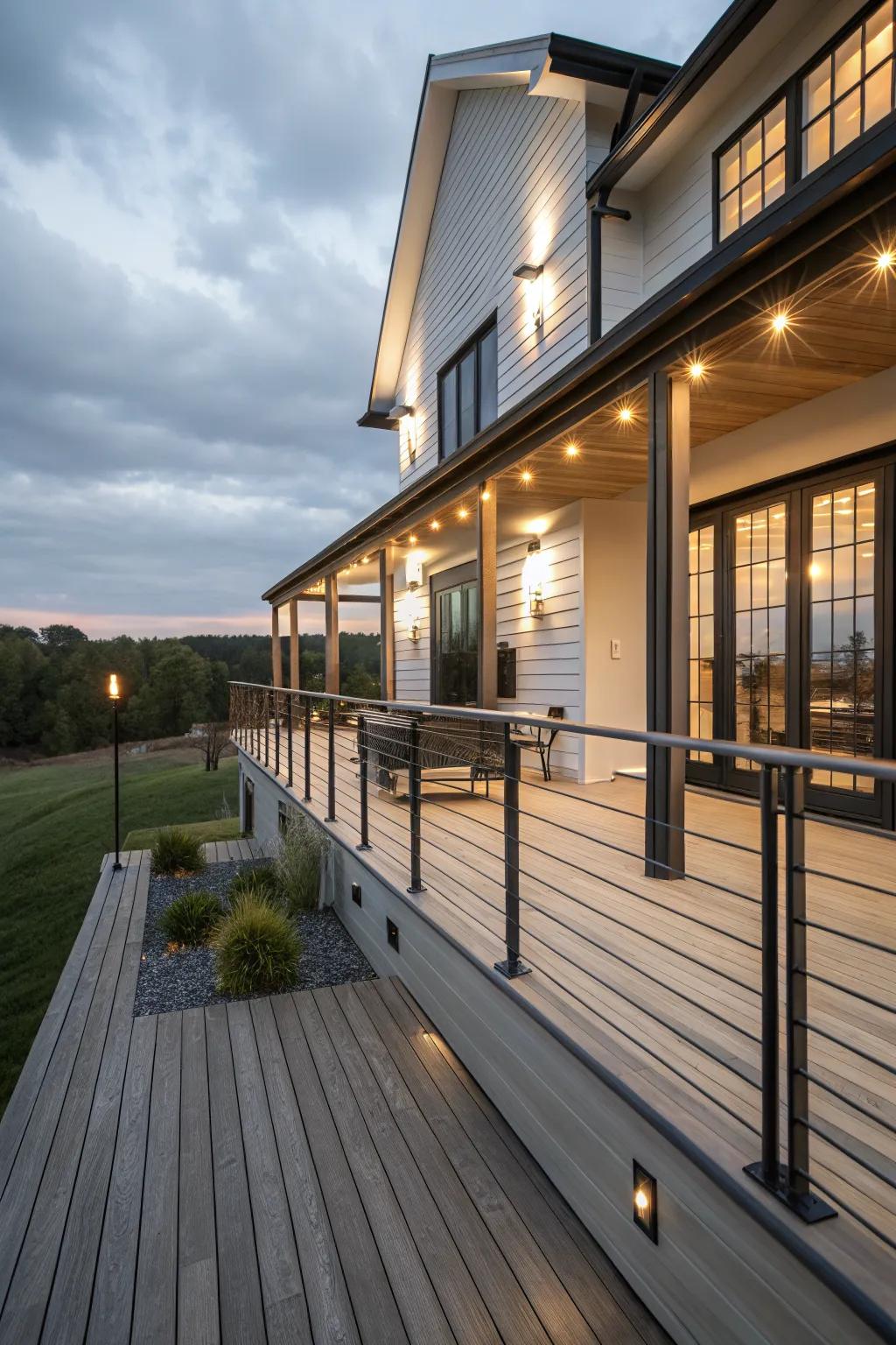 Rail lighting adds structure and ambiance to this farmhouse deck.