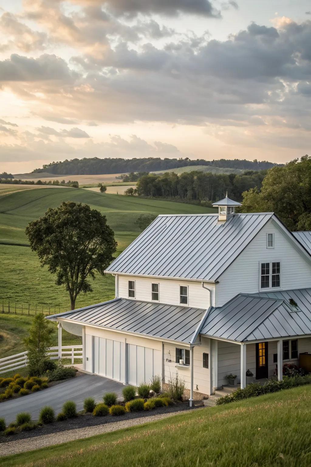 Modern farmhouse with sleek metal roofing.