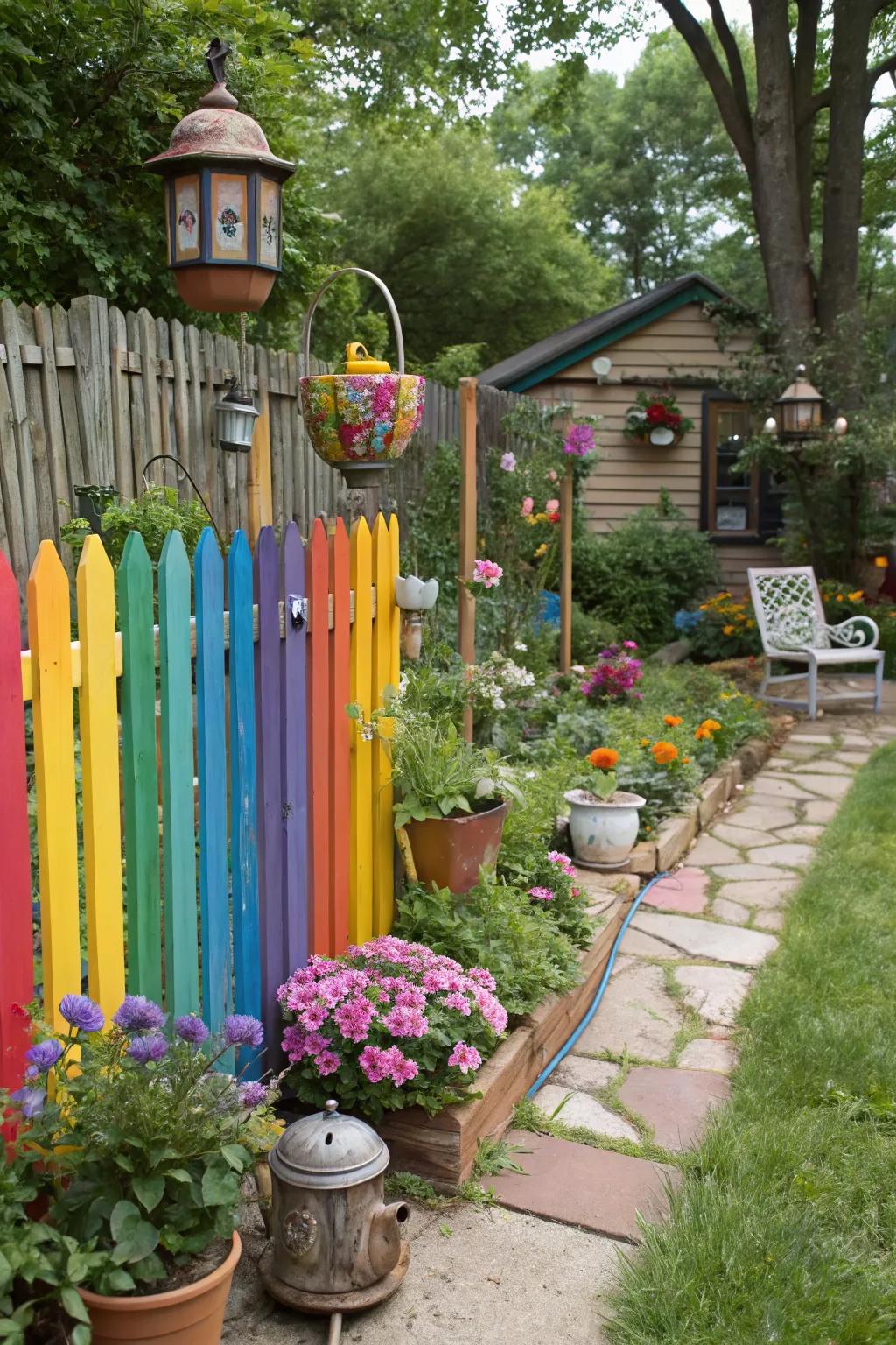 Rainbow fences add a playful and creative touch to gardens.