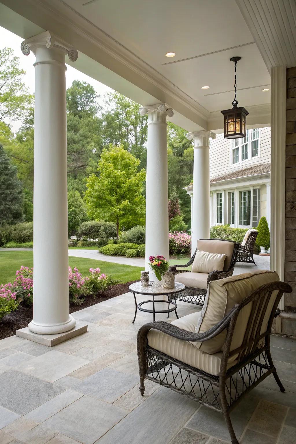 Tapered columns add elegance to this modern porch.