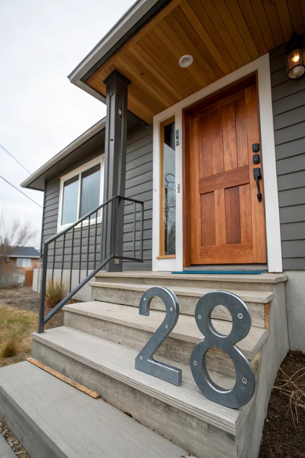 Modern house numbers enhance the sleek look of this porch.