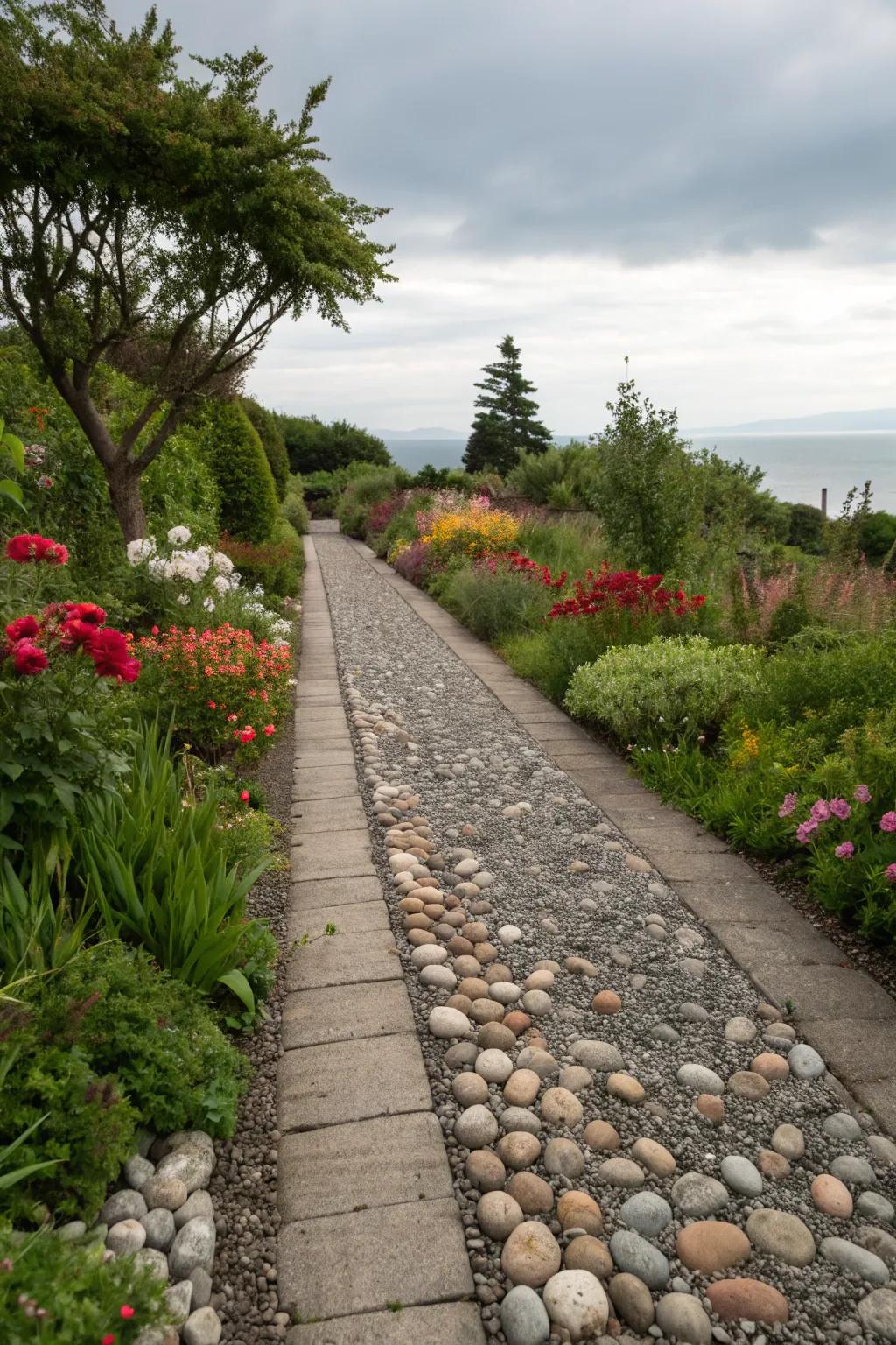 Pebble pathways add subtle and natural beauty to garden edges.