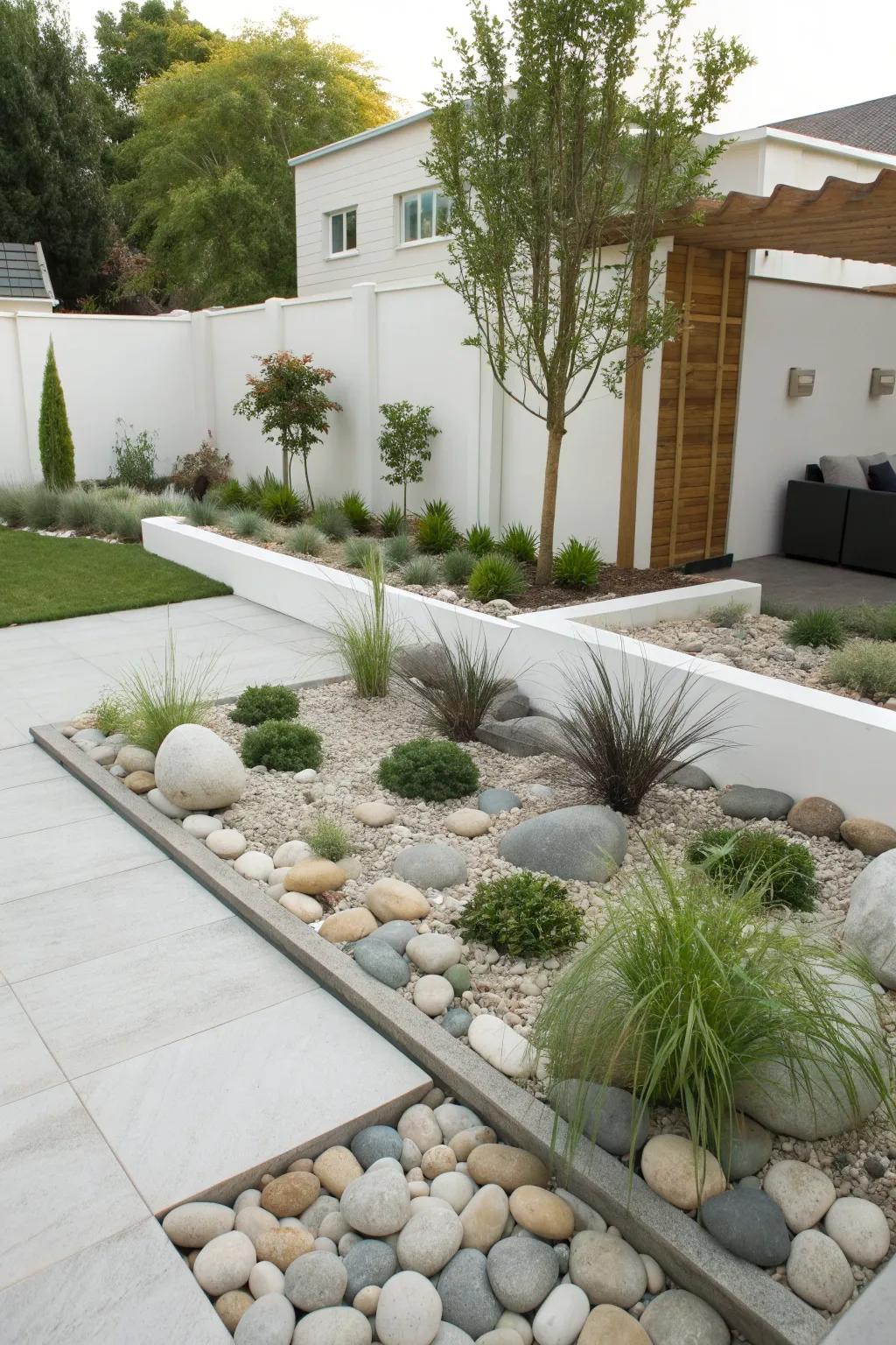 Strategically placed rocks add texture to a modern garden.