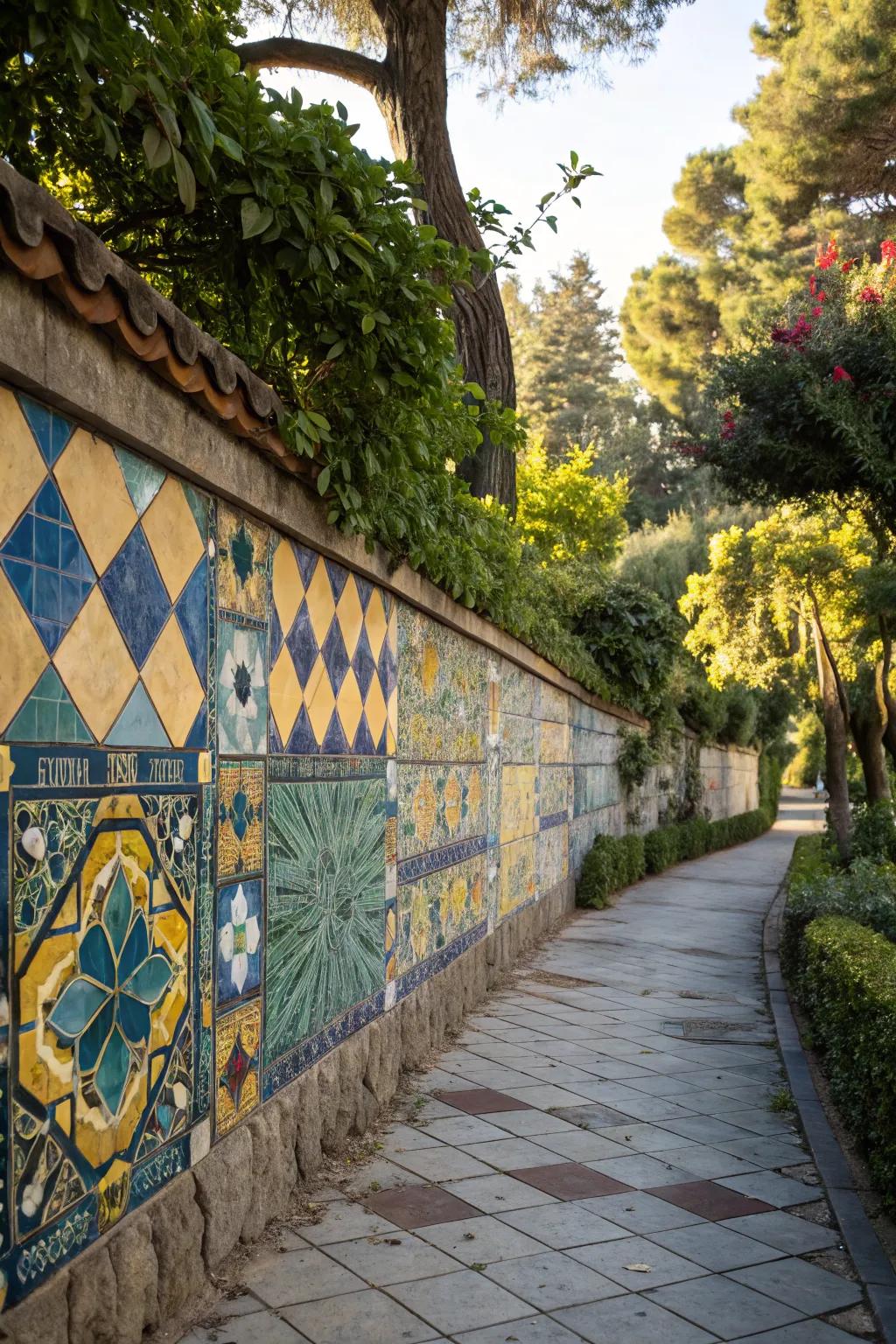 Mosaic tiles bring color and artistry to garden walls.