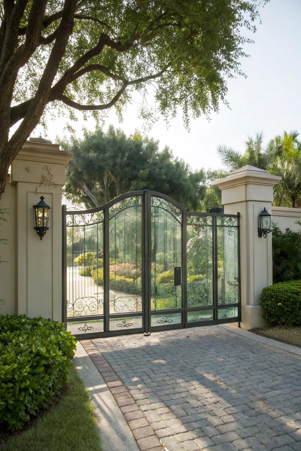 A gate with glass accents for visibility and style.