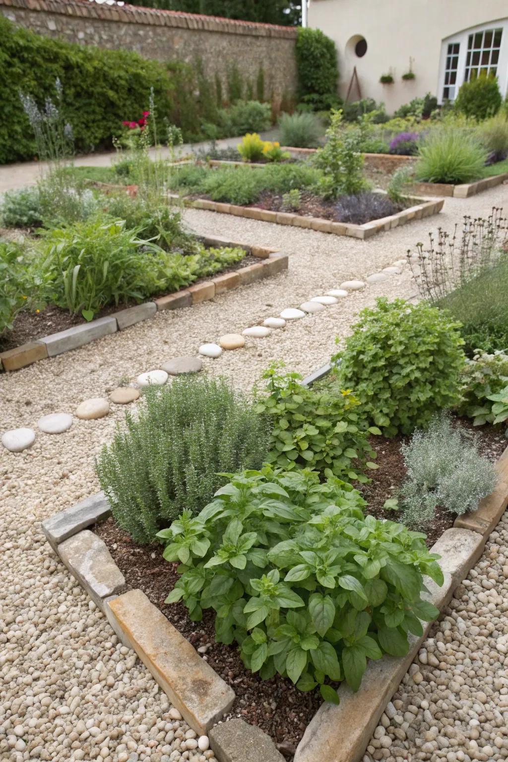 Edible plants adding functionality to a gravel garden.