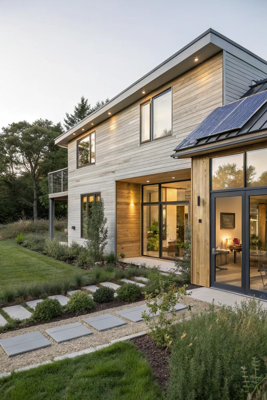 A modern home using sustainable materials for its facade.