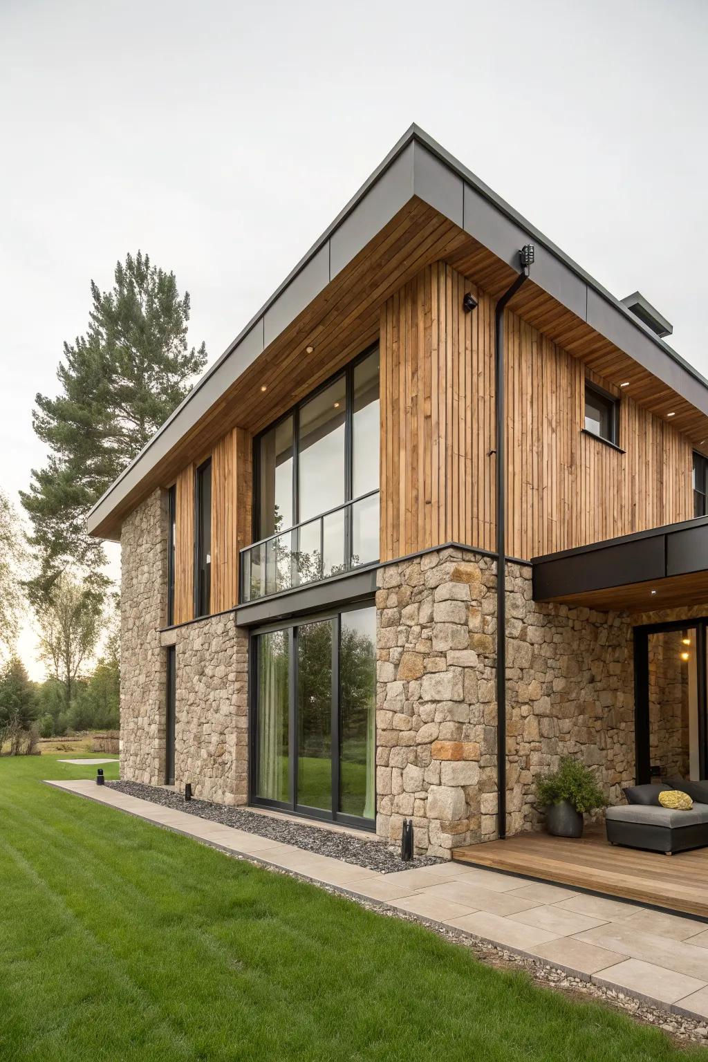 Natural elements in cladding provide a grounded, organic feel.