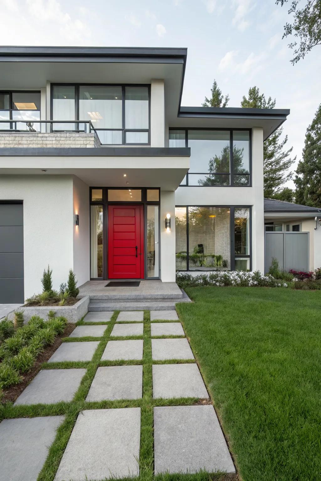 A bold front door commands attention on this modern facade.