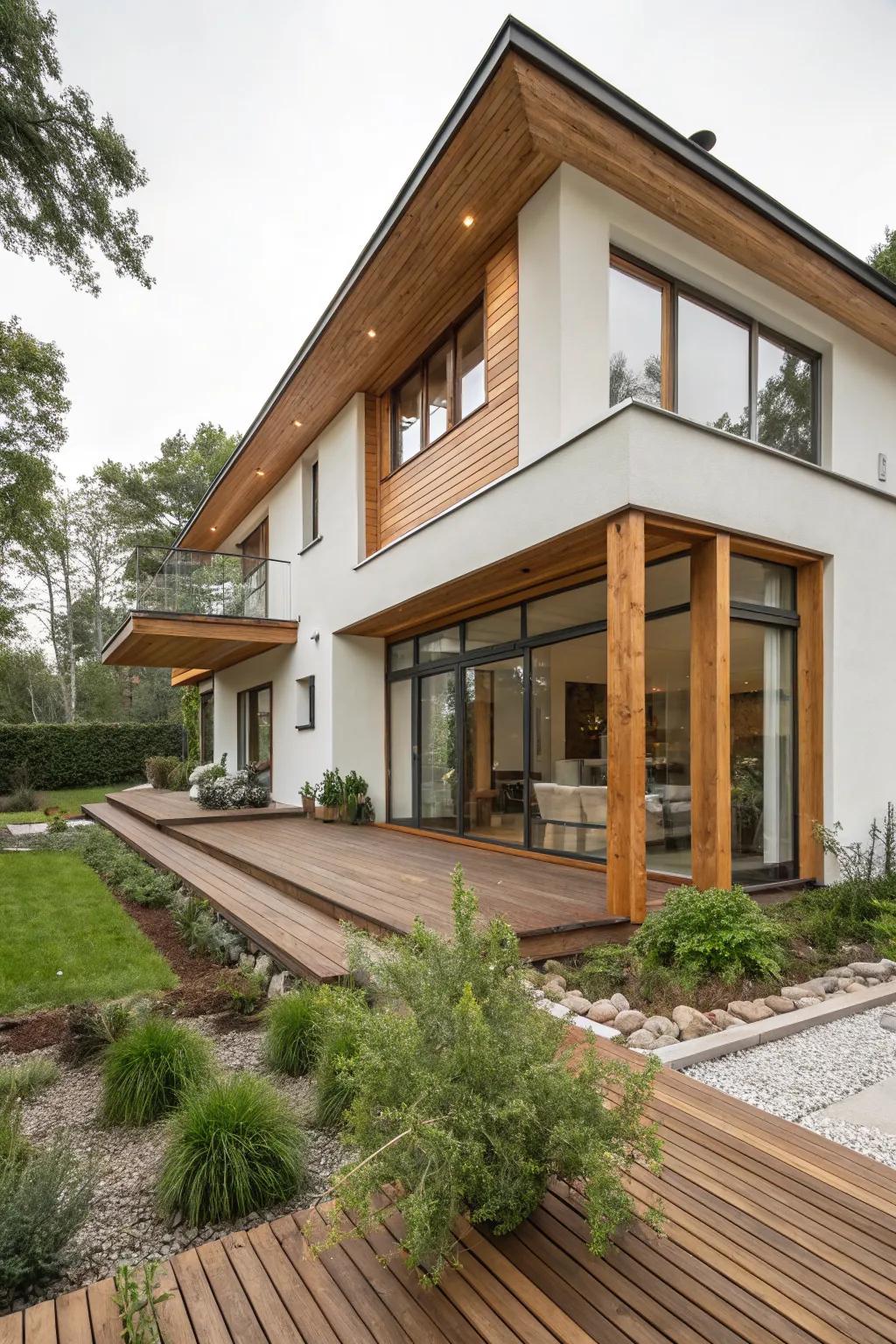 A modern house showcasing natural wood tones against a neutral palette.