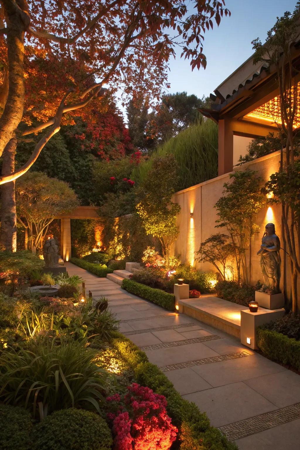 Subtle lighting transforms gardens at night.