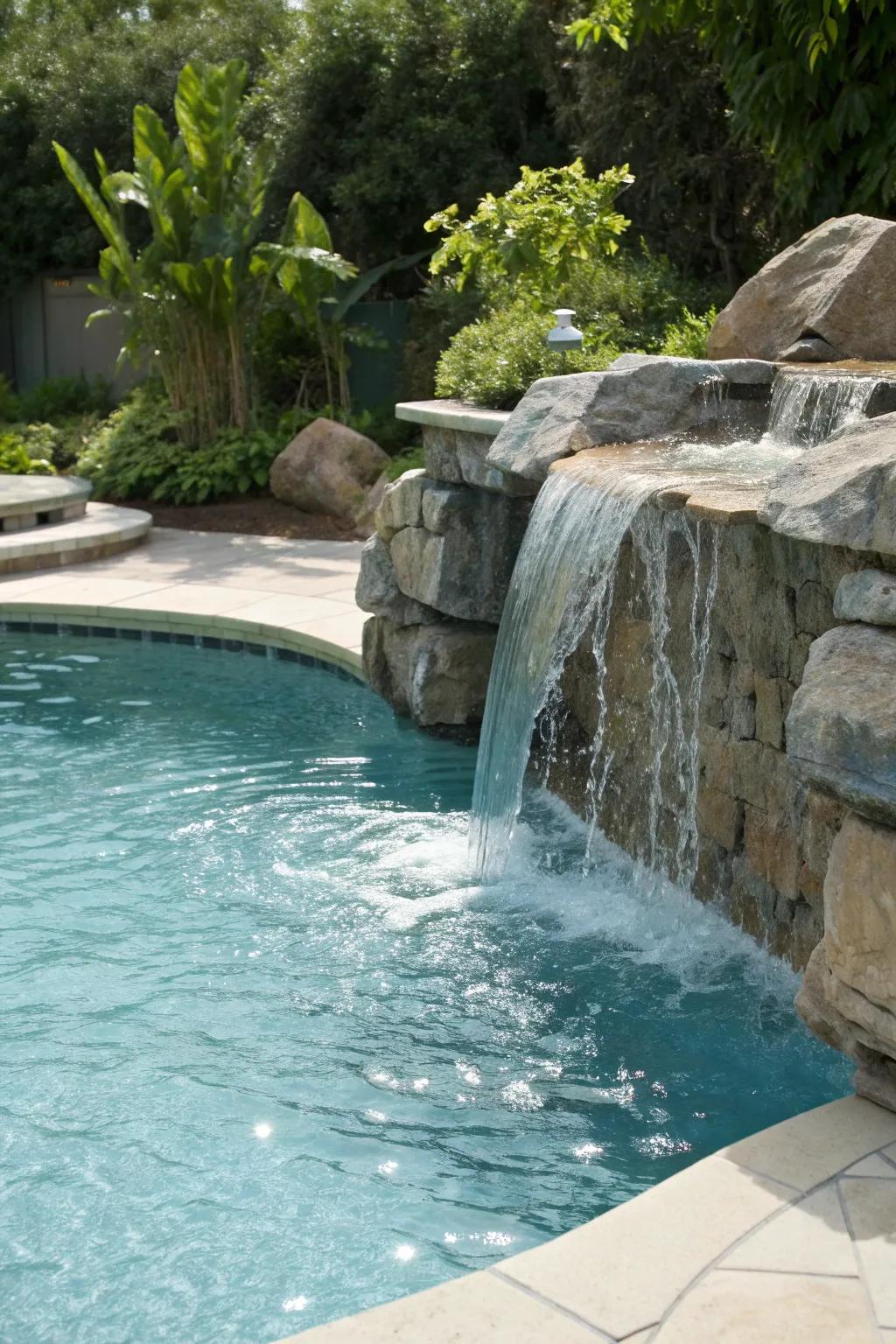 Cascading waterfalls add beauty and tranquility to the pool.