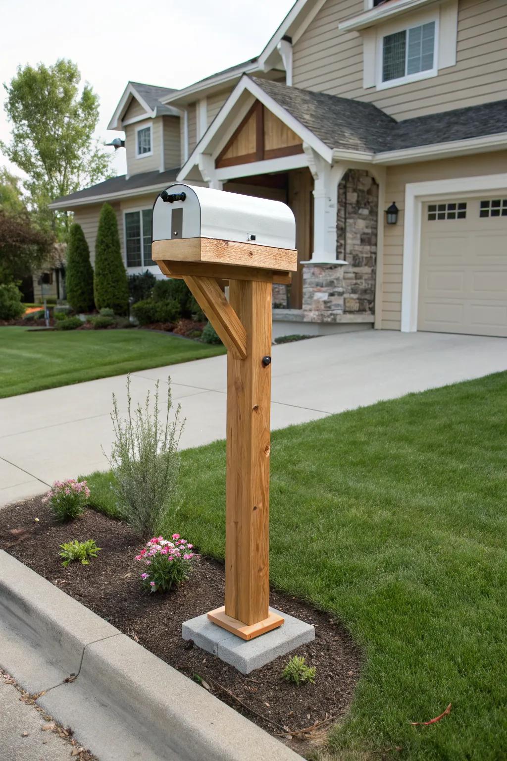 Timber simplicity enhances the modern appeal of this mailbox post.