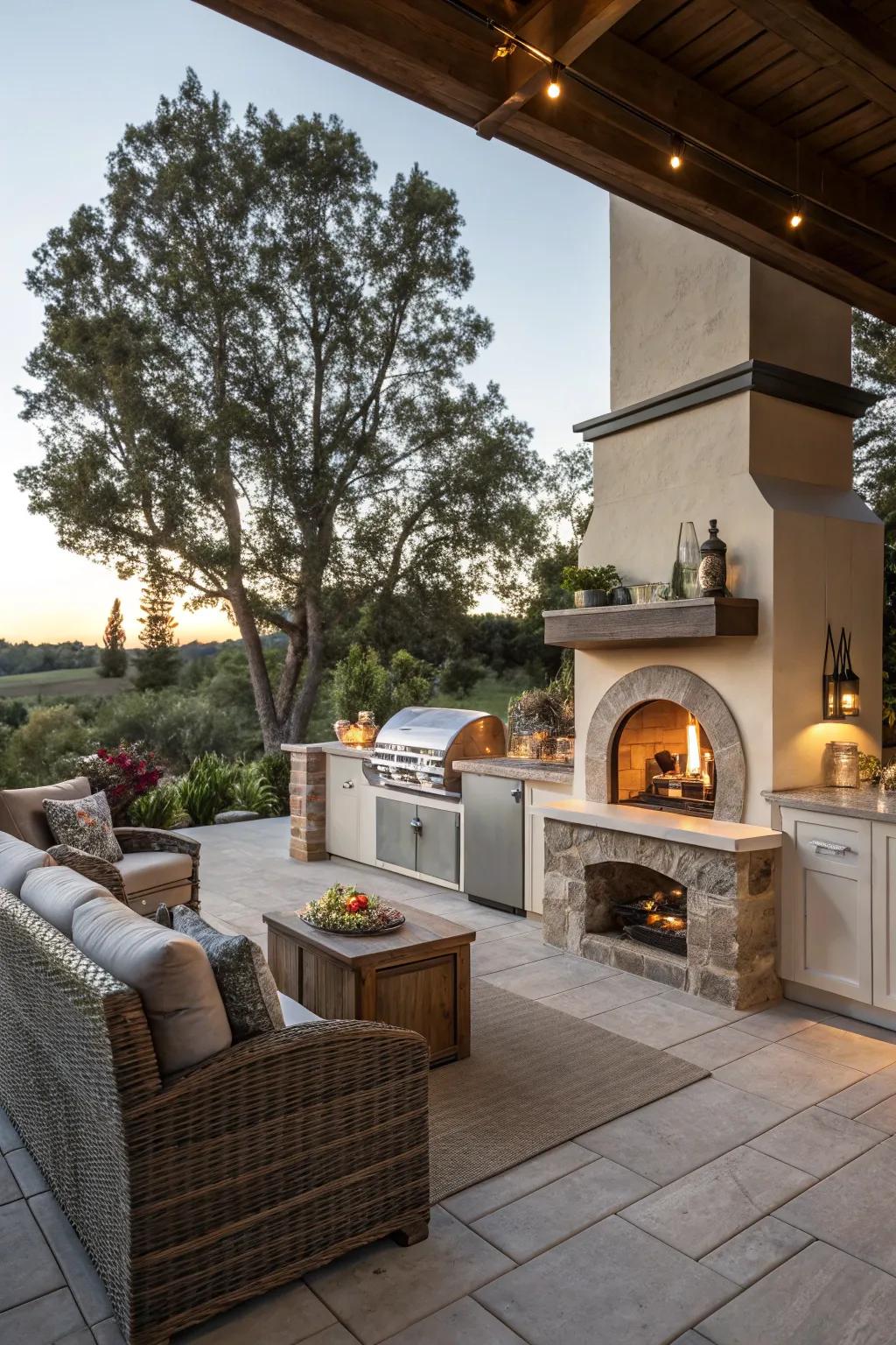 Fireplaces add warmth and charm to outdoor kitchen settings.
