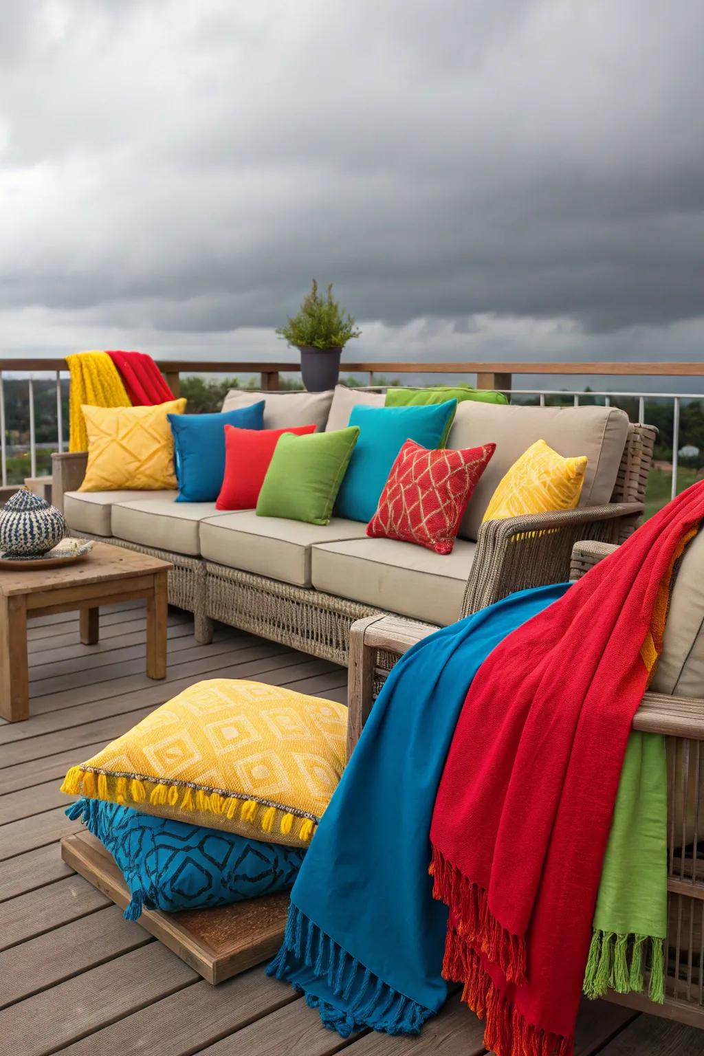 Bright cushions adding color to outdoor seating.
