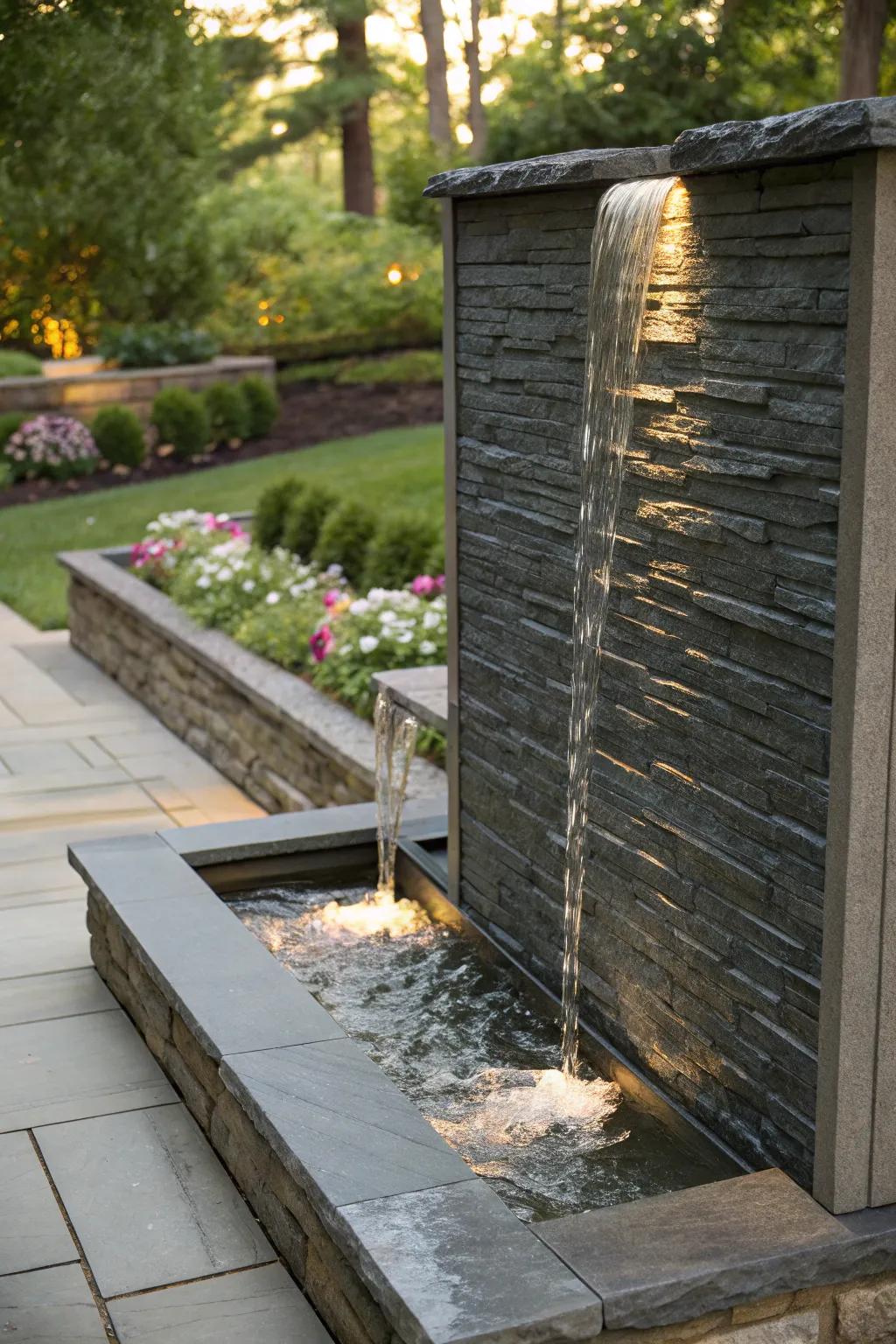 Textured slate water wall, providing depth and dynamic visual interest.