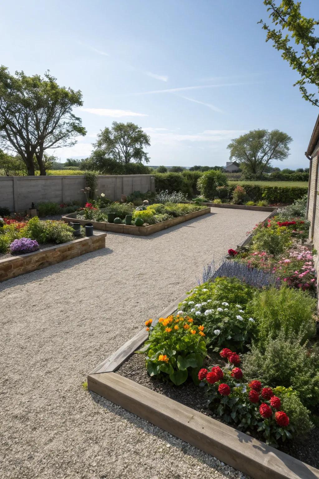 Garden beds create a seamless transition from patio to yard.