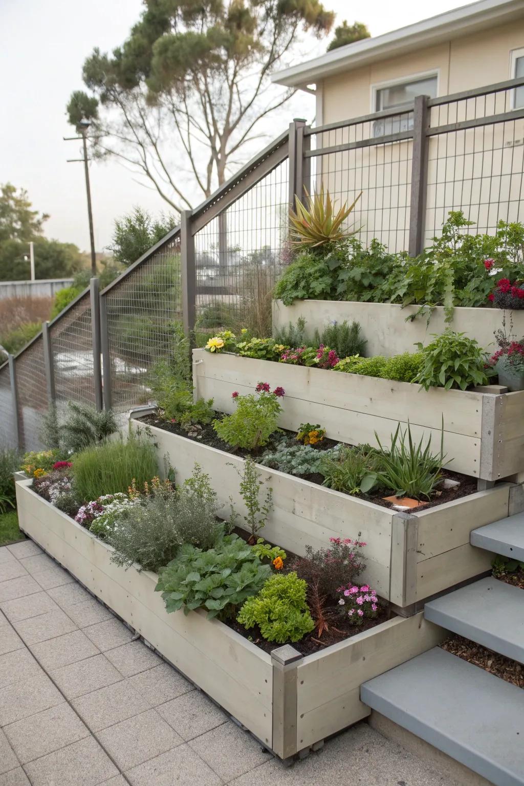 Tiered planters maximize space with vertical design.
