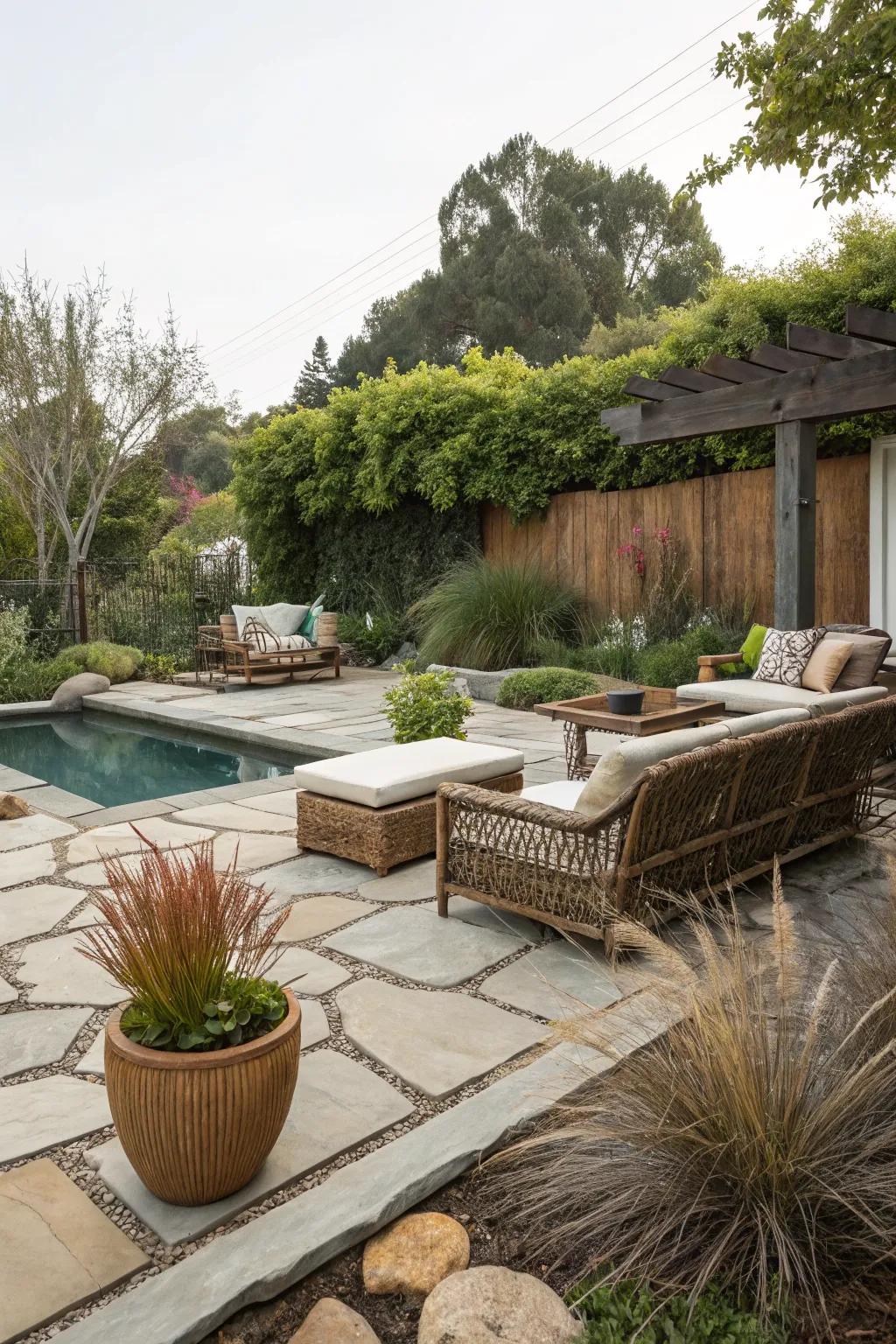 Eco-friendly solutions integrated into a modern pool patio design.