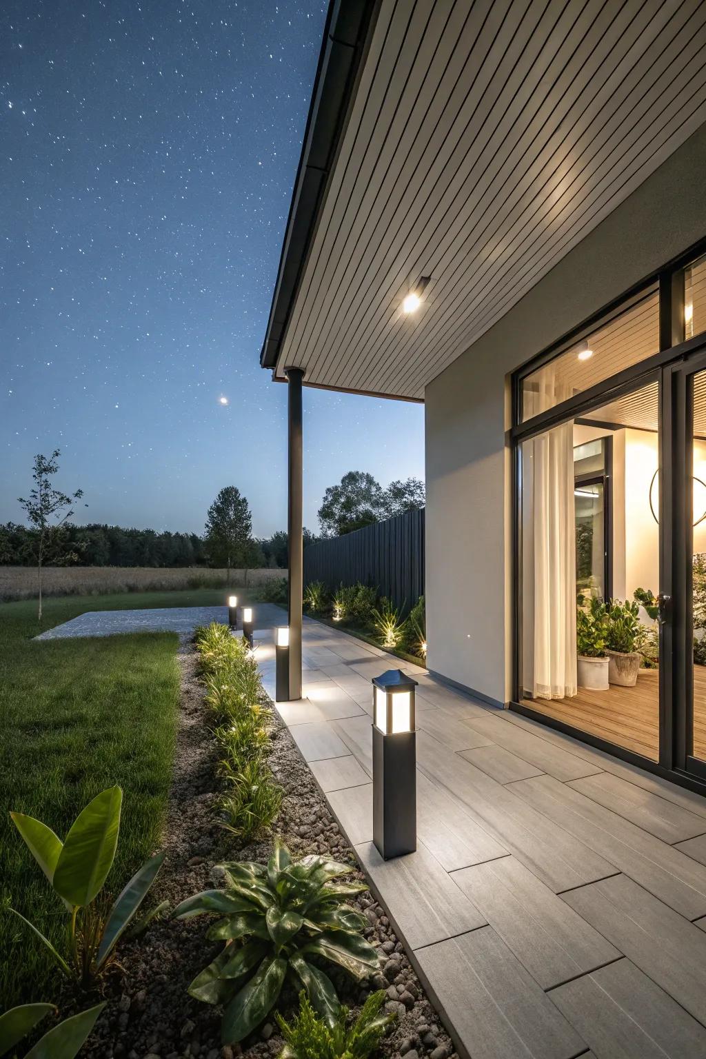 A modern porch featuring eco-friendly design elements.