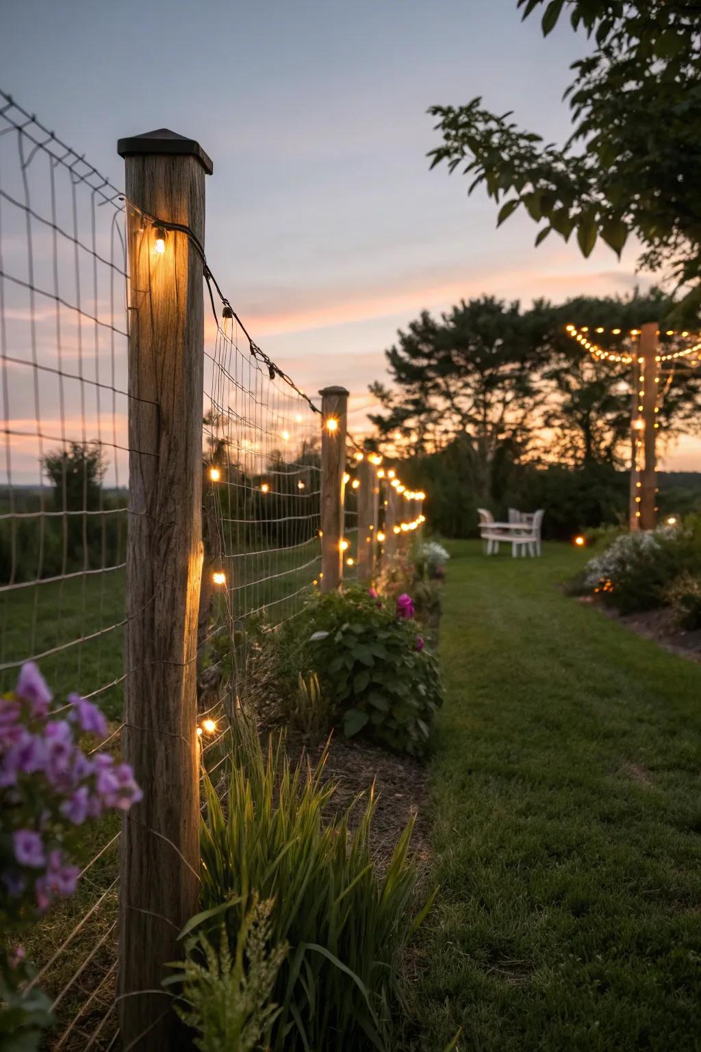 Charming ambience with integrated fence lighting.