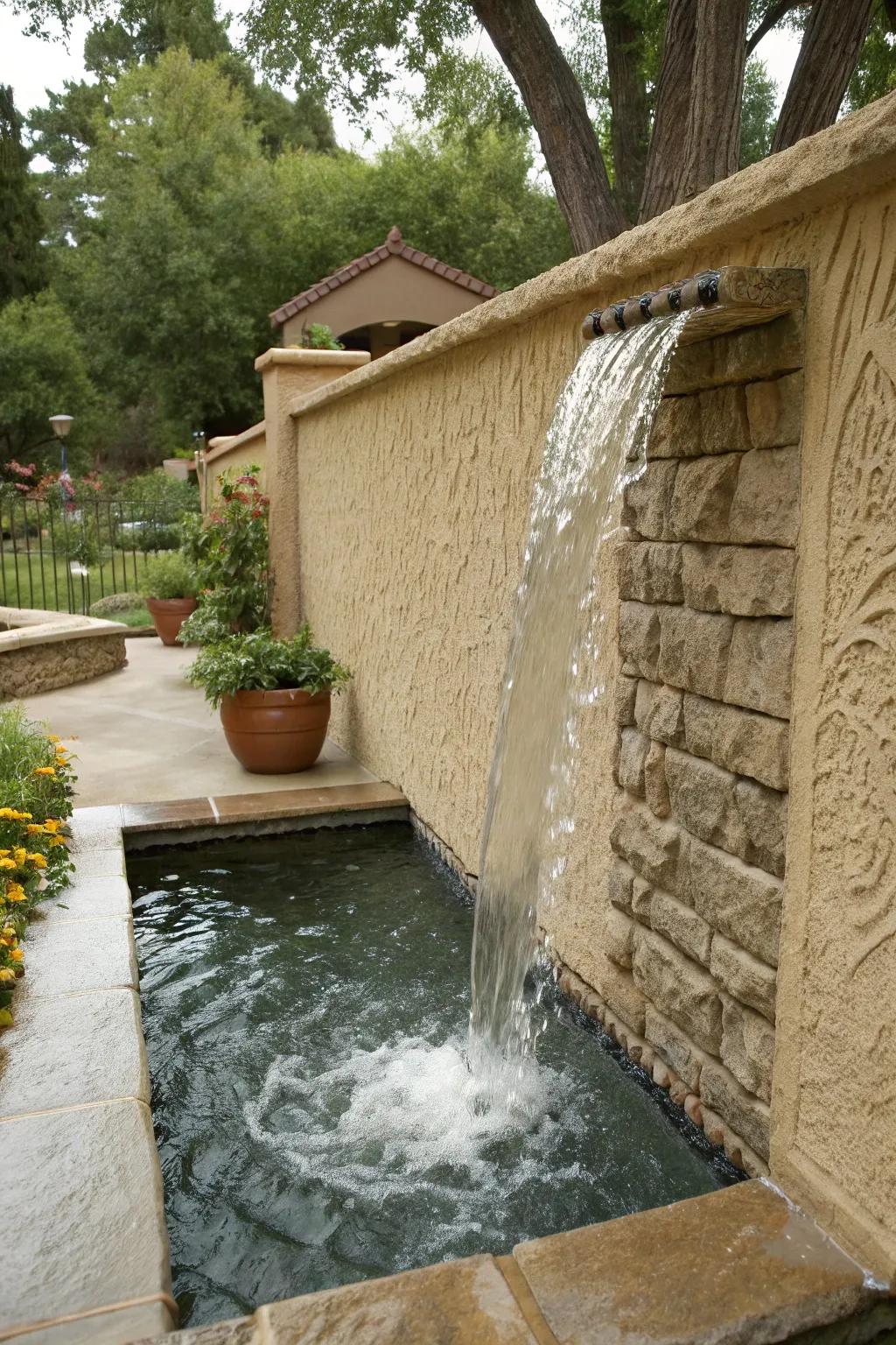 Water features in stucco walls create a tranquil garden atmosphere.