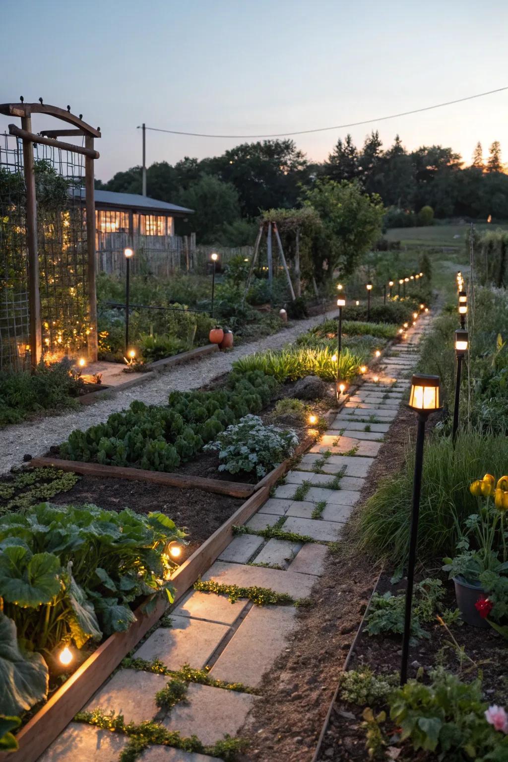 Enchanting garden paths illuminated by solar lights.