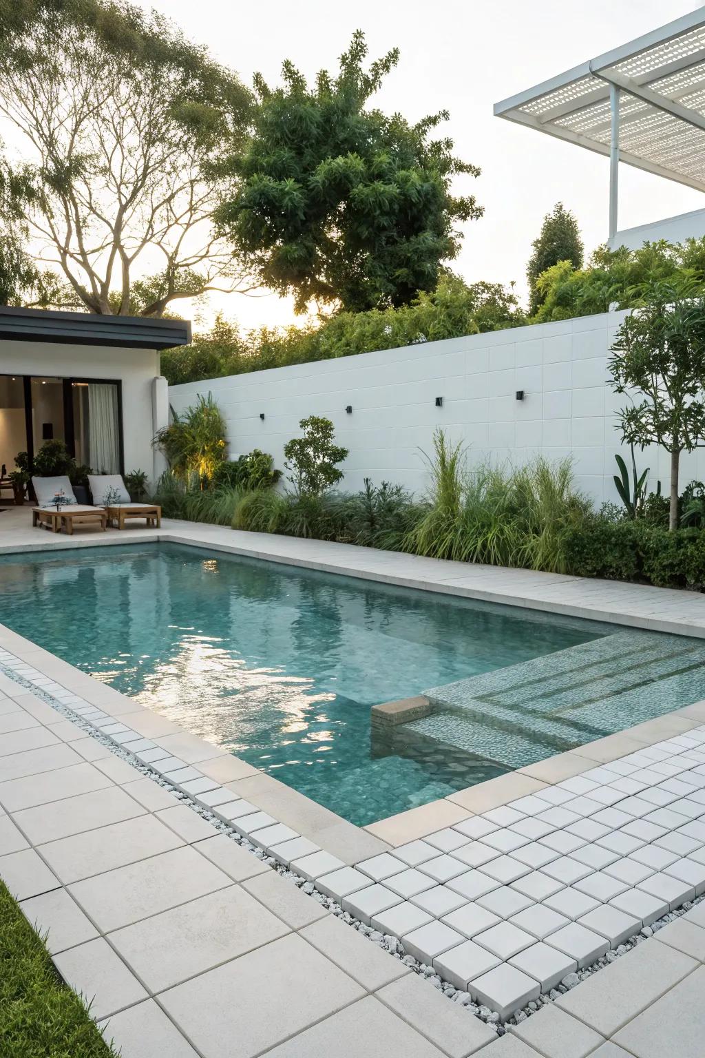 Eco-friendly white tiles adding sustainable beauty to the pool.