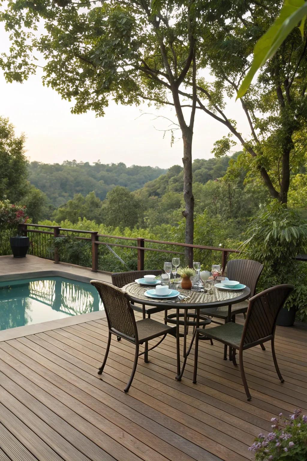 A pool deck with a dedicated space for alfresco dining.