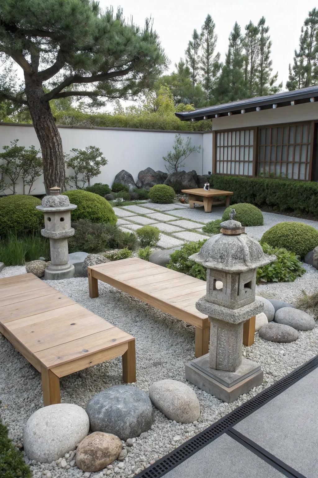 Outdoor seating invites relaxation in a Zen garden.