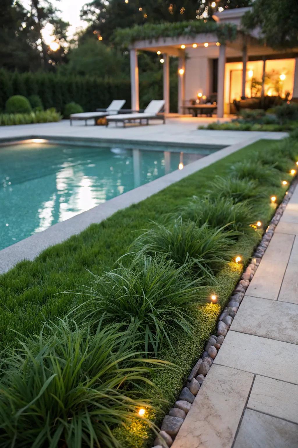 Mondo grass enhances the poolside atmosphere with lush greenery.