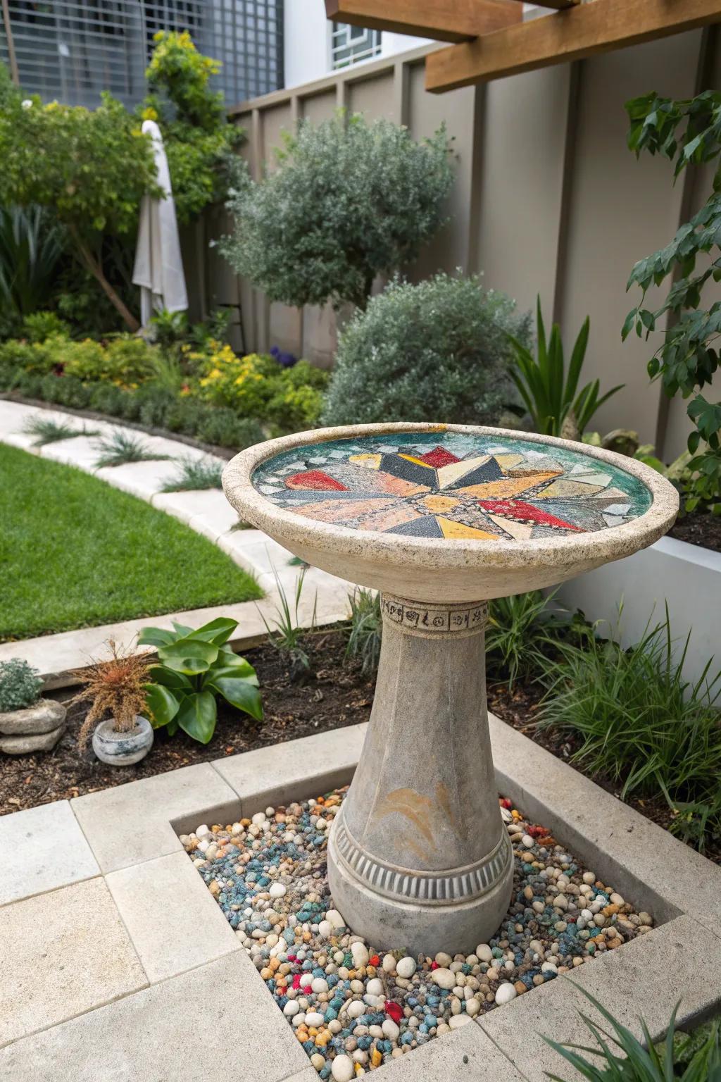 An abstract mosaic bird bath, bringing modern art into your garden.