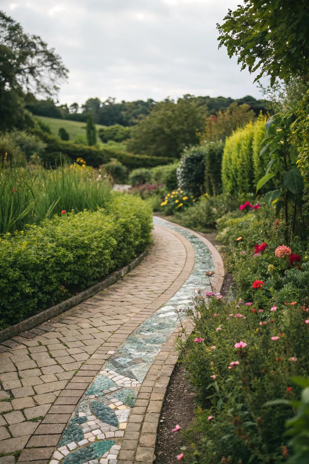 Glass tiles add sparkle and brilliance to this garden path.