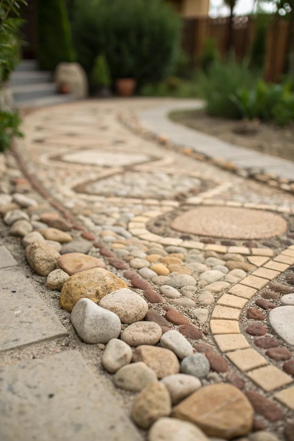A neutral mosaic pathway featuring natural stone shades, offering subtle elegance.