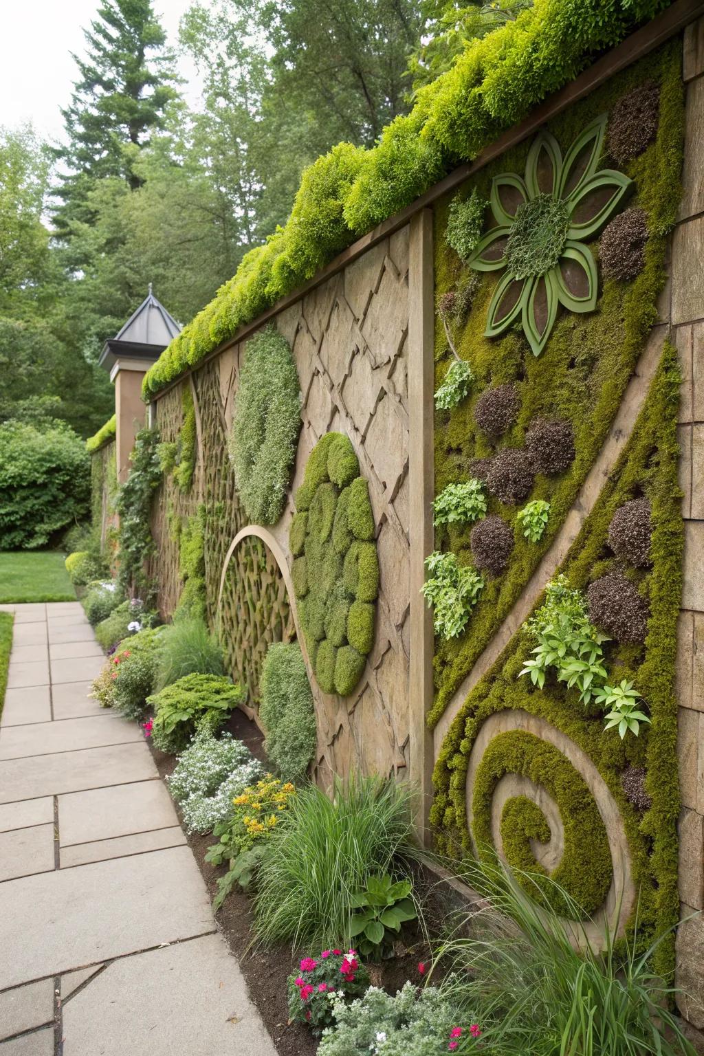 A garden wall adorned with a creative moss art design, featuring an array of moss types.