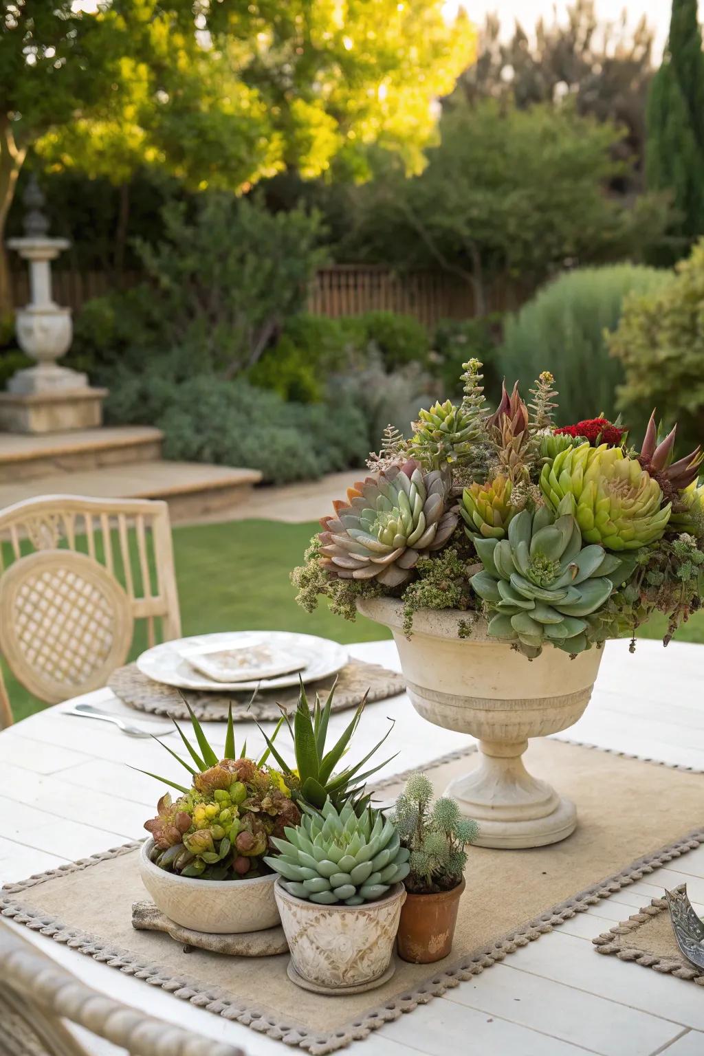 Create modern patio decor with artificial succulents.
