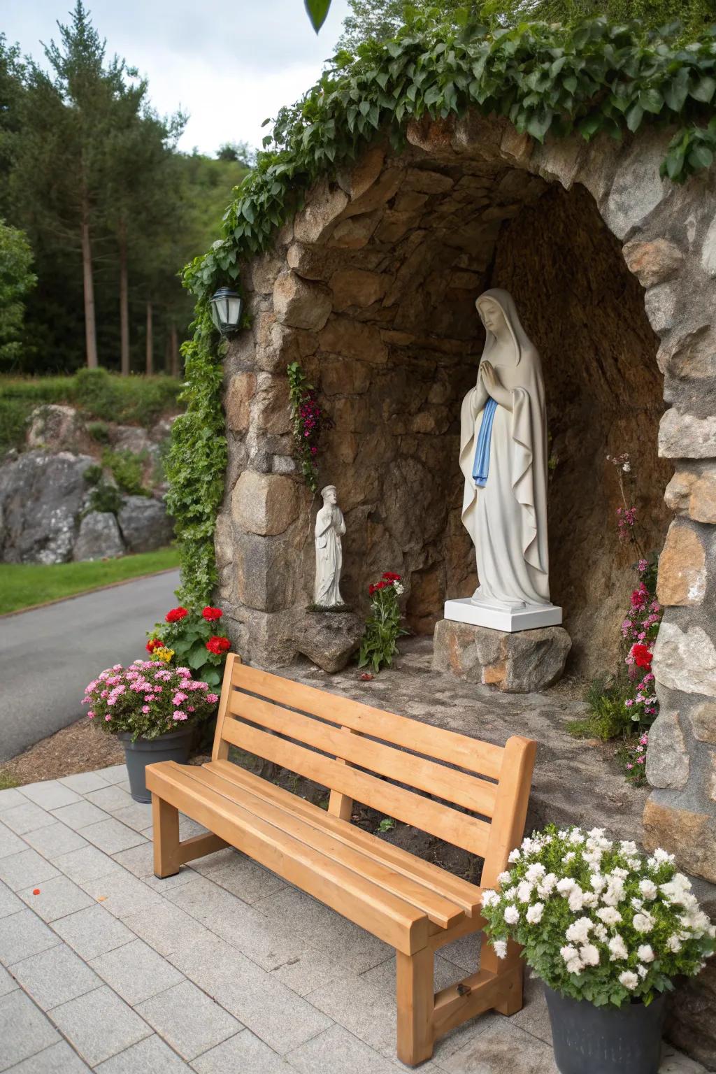 A wood bench provides a peaceful spot for reflection.