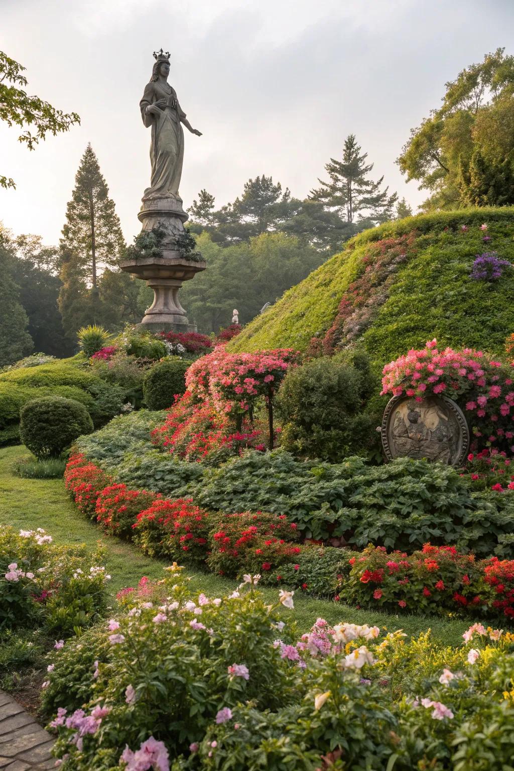 Sculptural elements personalize mound landscapes.