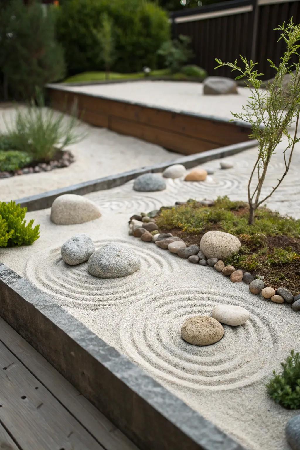 A Zen garden offers a tranquil escape.