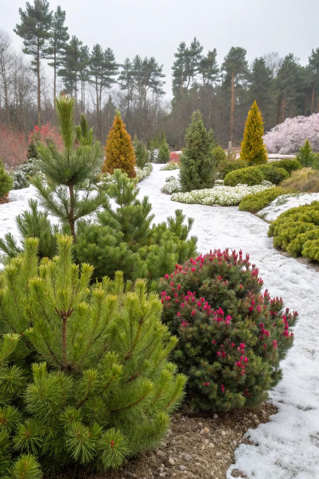 Enjoy seasonal beauty with evergreen mugo pines.