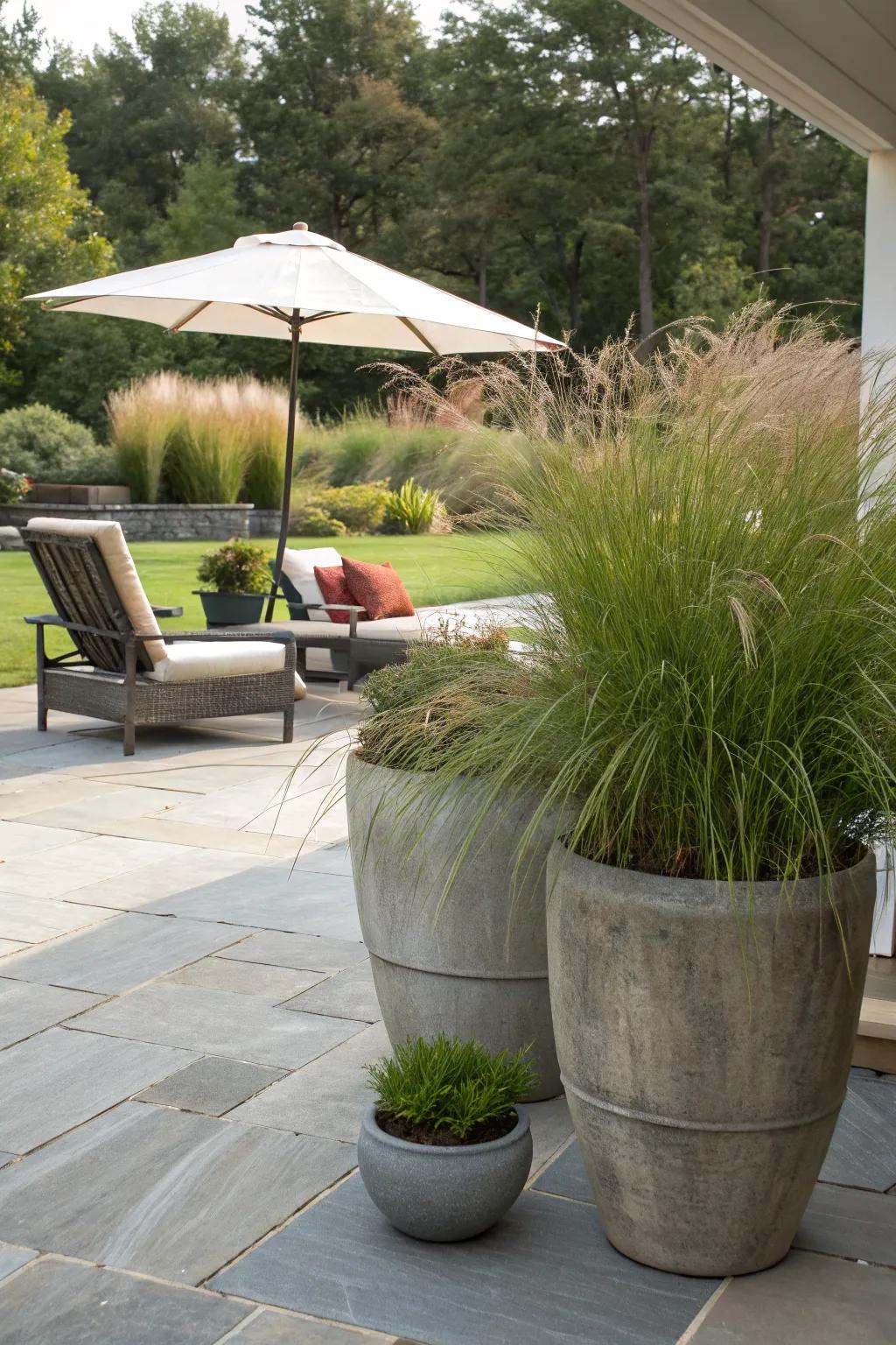 Versatile container displays with muhly grass on a patio.